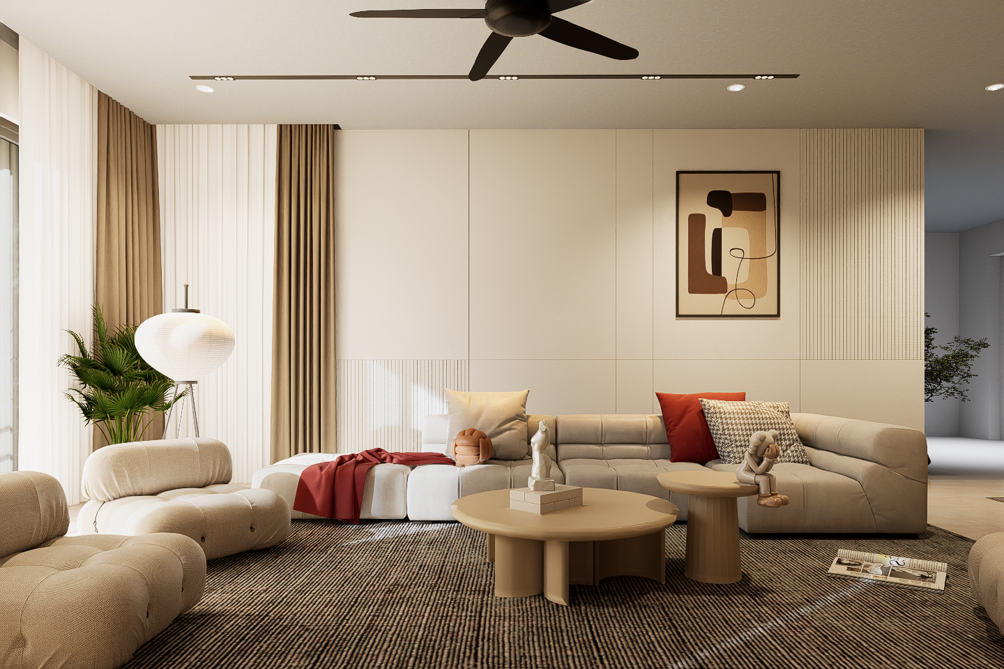 Residential villa living room with warm neutral furnishings