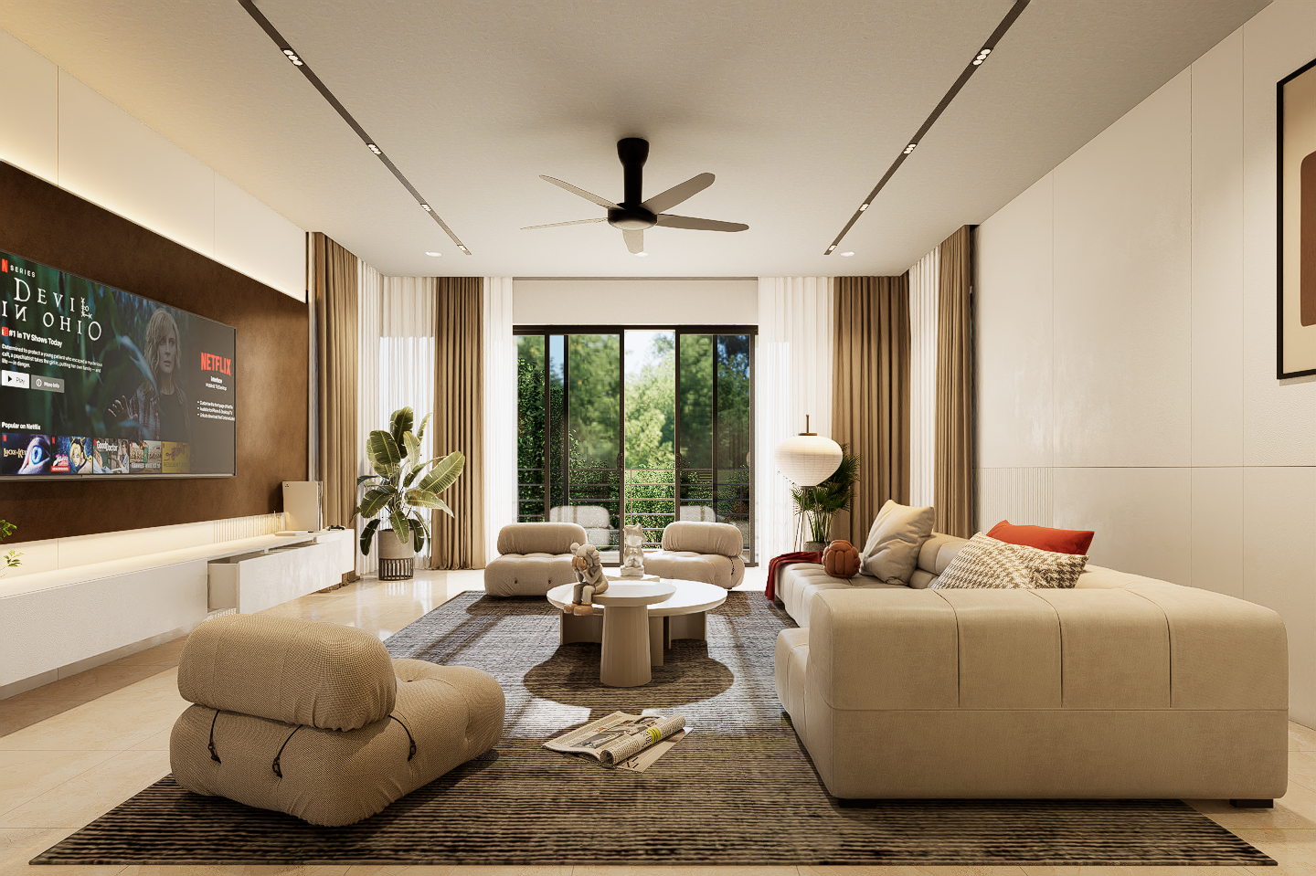 Residential villa living room with warm neutral furnishings
